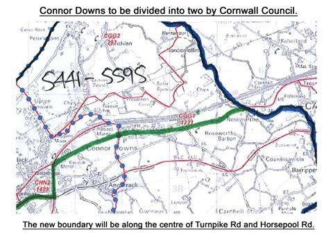 This map is one to be considered by Cornwall Council Boundary Review Panel, it recommends that Connor Downs on the north side of Turnpike Rd and Horsepool Rd be included in a division that would be in reality Hayle North and residents living on the south 